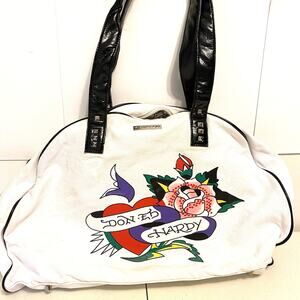 Don Ed Hardy 1971 Logo Graphic Studded Canvas Duffel Handle Shoulder Gym Bag Y2K